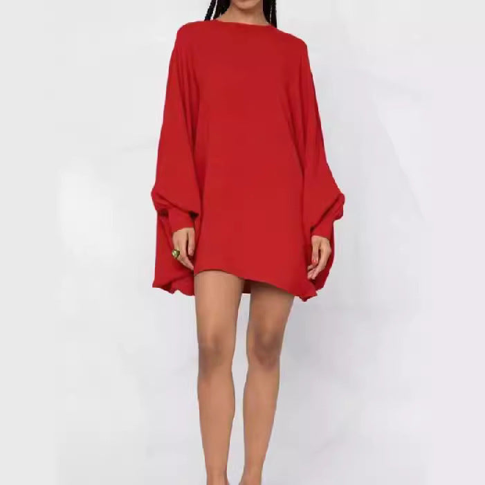 Long Sleeve Solid Color Round Neck Mini Skirt